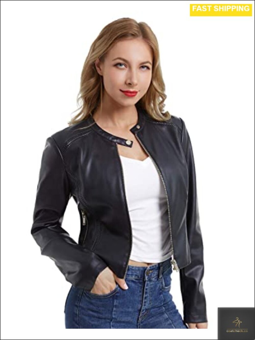 Faux Leather Cropped Moto Biker Jacket Women Zip Close